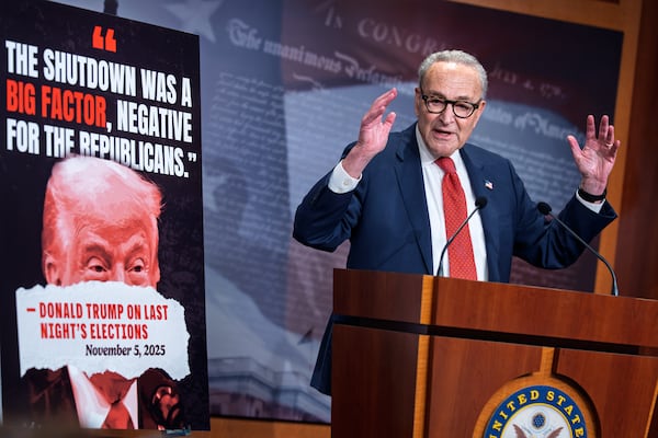 Senate Minority Leader Chuck Schumer, D-N.Y., spoke to reporters at the Capitol in Washington earlier this month about Democratic victories on Election Day. (J. Scott Applewhite/AP)