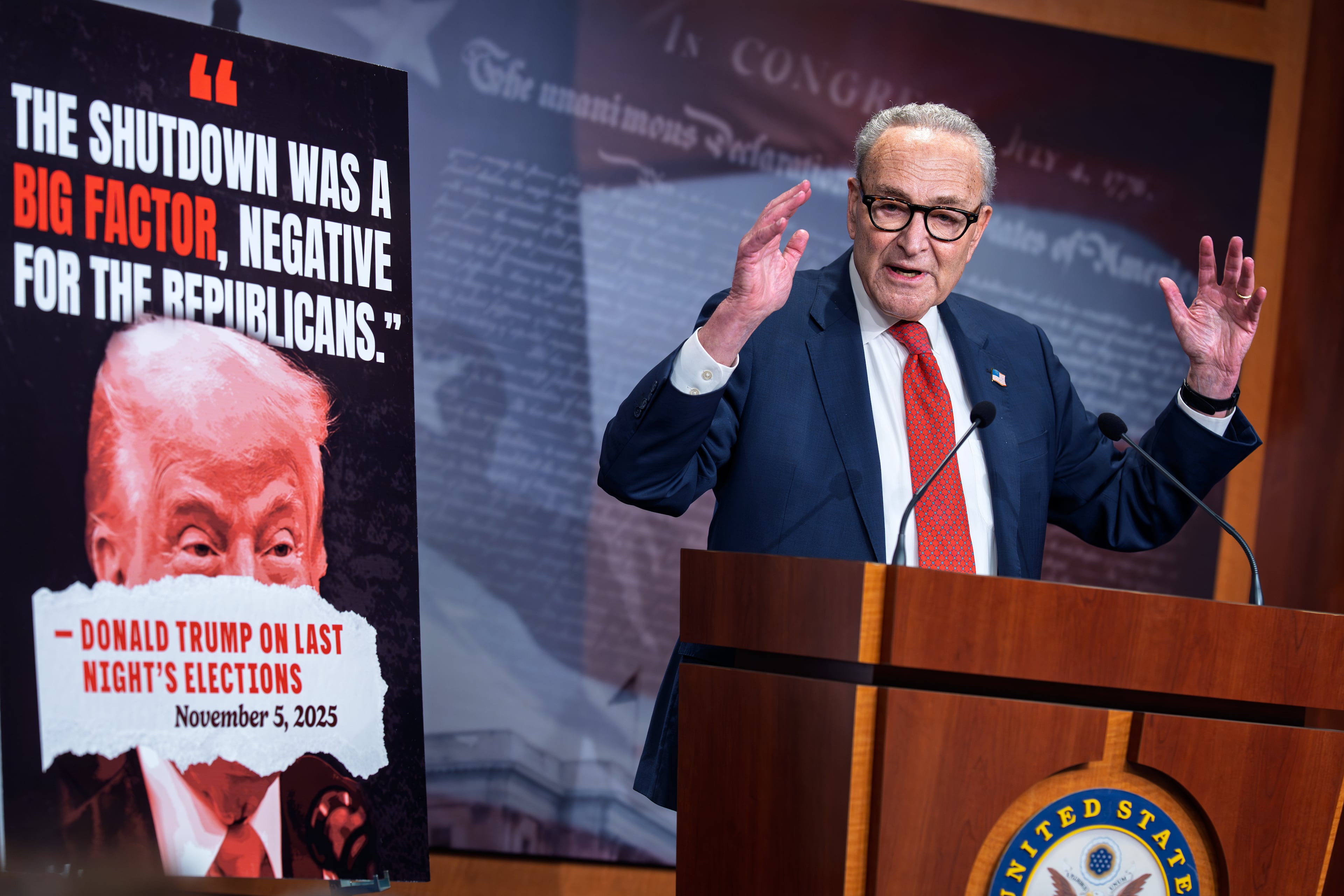 Senate Minority Leader Chuck Schumer, D-N.Y., spoke to reporters at the Capitol in Washington earlier this month about Democratic victories on Election Day. (J. Scott Applewhite/AP)