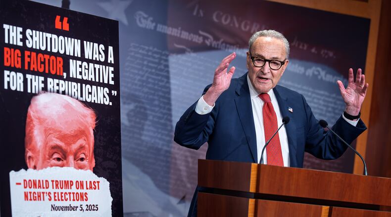 Senate Minority Leader Chuck Schumer, D-N.Y., speaks to reporters at the Capitol in Washington earlier this month about Democratic victories on Election Day. (J. Scott Applewhite/AP)