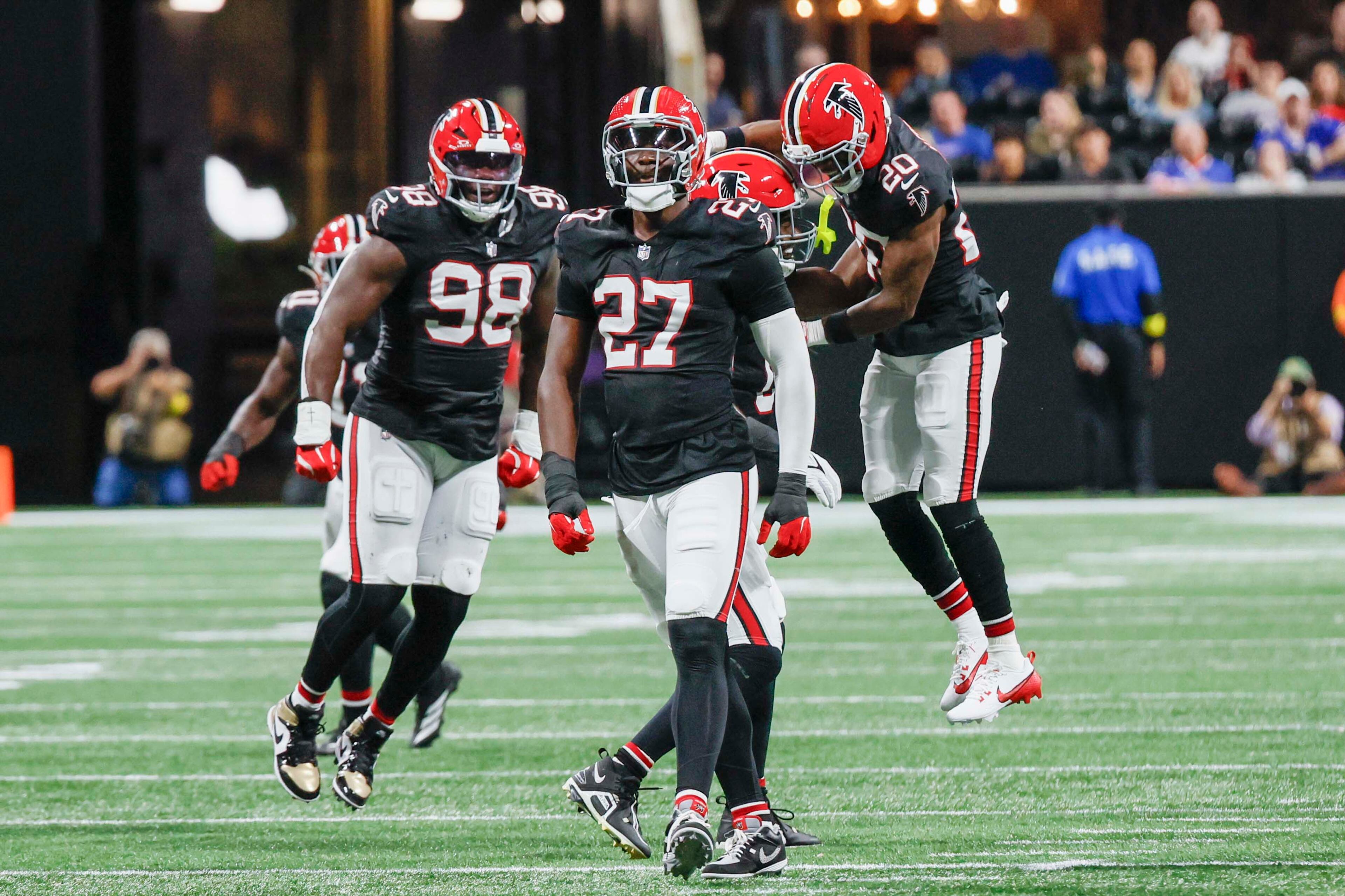 Atlanta Falcons defensive end James Pearce Jr. (27) reacts after a play during the second half of an NFL football game against the Buffalo Bills at Mercedes-Benz Stadium in Atlanta on Monday, October 13, 2025.
(Miguel Martinez/ AJC)