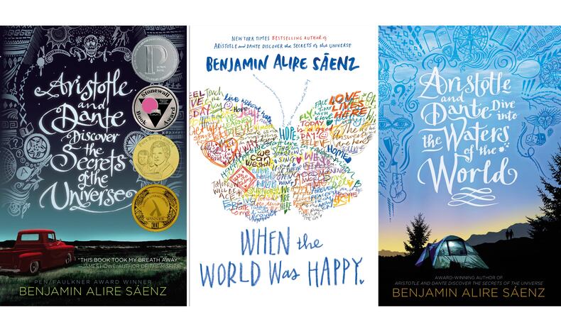 This combination of cover images show, from left, "Aristotle and Dante Discover the Secrets of the Universe," "When the World Was Happy," and "Aristotle and Dante Dive into the Waters of the World," by Benjamin Alire Sáenz. (Simon & Schuster for Young Readers via AP)