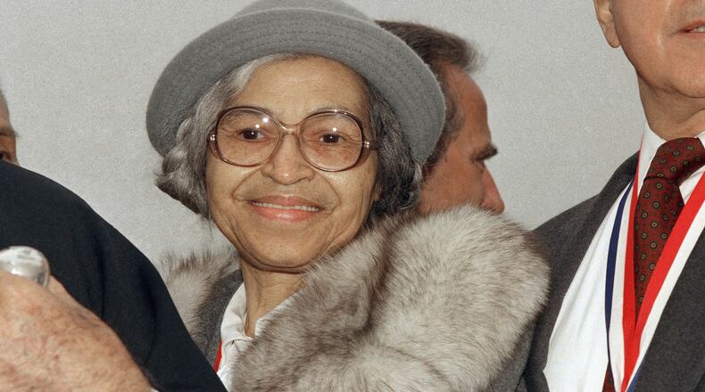 This Oct. 28, 1986, file photo shows Rosa Parks at Ellis Island in New York. (AP Photo, File)