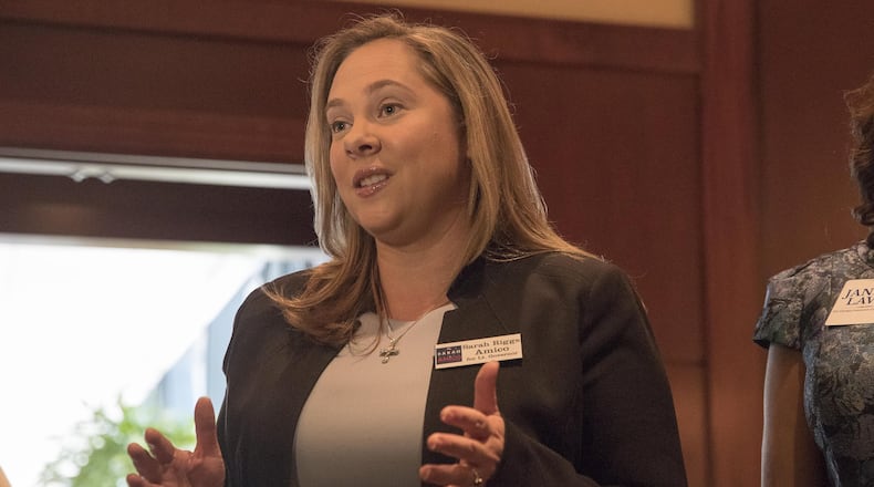 Sarah Riggs Amico, the Democratic candidate to become Georgia’s next lieutenant governor, speaks during a press conference at the Georgia Democratic Convention in August. (ALYSSA POINTER/ALYSSA.POINTER@AJC.COM)
