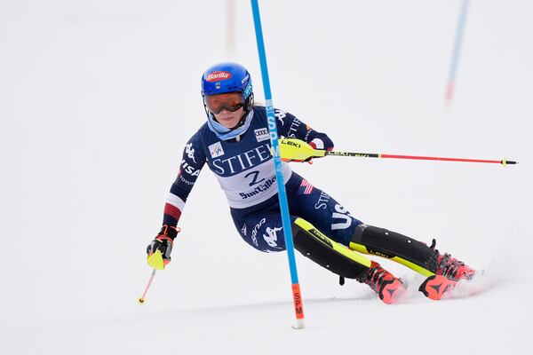United States' Mikaela Shiffrin skis during a women's slalom run at the World Cup Finals, Thursday, March 27, 2025, in Sun Valley, Idaho. (AP Photo/Robert F. Bukaty)
