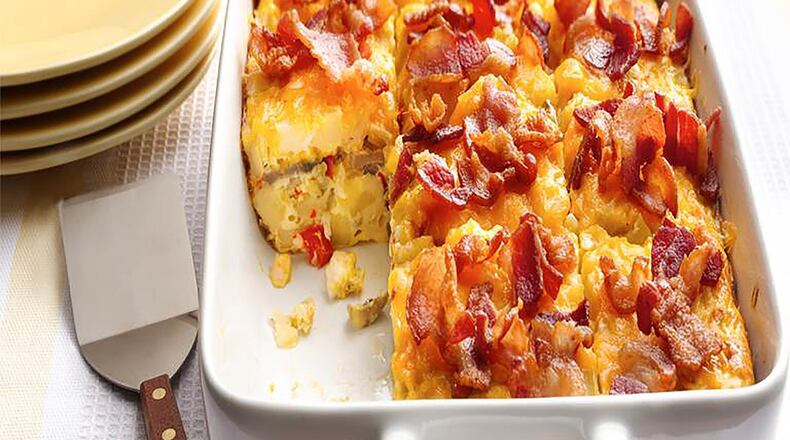 Enjoy a bountiful brunch of Bacon and Hash Brown Egg Bake before the big meal later in the day. CONTRIBUTED BY Houghton Mifflin Harcourt