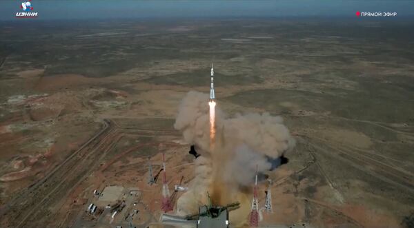 In this photo taken from video released by Roscosmos space corporation, a Russian Soyuz rocket carrying a Soyuz MS-27 spacecraft with NASA astronaut Jonny Kim and Roscosmos cosmonauts Sergey Ryzhikov and Alexey Zubritsky, lifts off for the International Space Station from the Russian leased Baikonur cosmodrome, Kazakhstan, Tuesday, April 8, 2025. (Roscosmos space corporation, via AP)