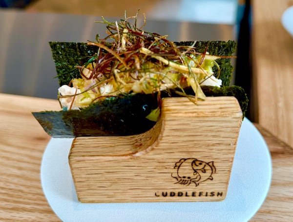 Yellowtail and salsa handroll at Cuddlefish. (Angela Hansberger for the AJC)