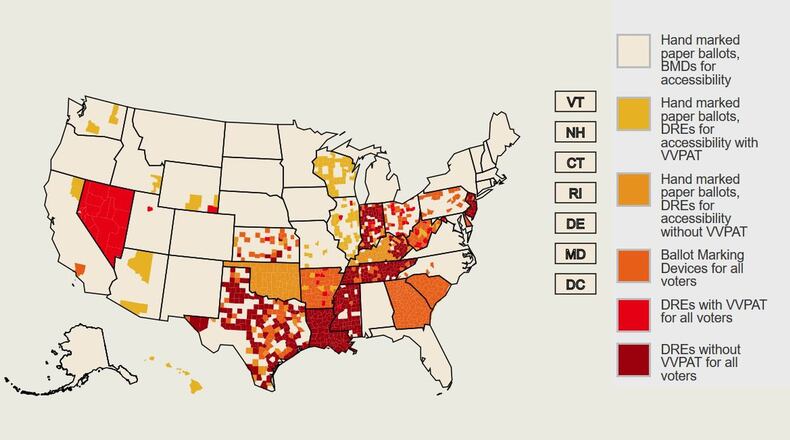 A map and data compiled by Verified Voting, nonpartisan election accuracy advocacy organization, shows voting equipment across the United States. Georgia is one of three states that will use ballot-marking devices for all in-person voters, and 44 states use ballot-marking devices to some extent.