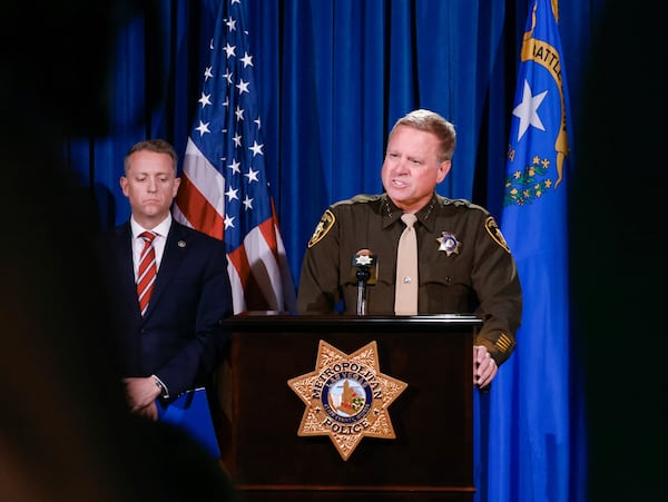 Sheriff Kevin McMahill speaks at a press conference on Thursday, March 27, 2025, announcing the arrest of Paul Hyon Kim in connection with the fires set at a Tesla service center last week in Las Vegas. (Bizuayehu Tesfaye/Las Vegas Review-Journal via AP)