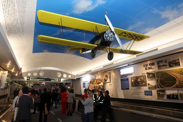 A portion of the exhibit “Blue Skies: 100 Years of the Atlanta Airport,” is shown in between Concourse D and E at the Hartsfield-Jackson Atlanta International Airport on Thursday, Feb. 26, 2026. (Jason Getz/AJC)