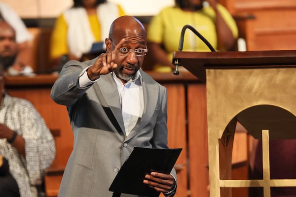 U.S. Senator Raphael Warnock speaks during a sermon at Ebenezer Baptist Church on Sunday, July 14, 2024. (Miguel Martinez/AJC)