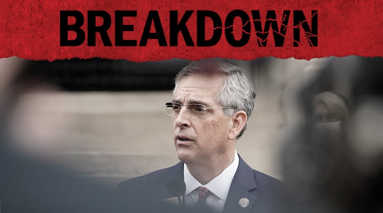 Georgia Secretary of State Brad Raffensperger received a call from President Trump on Jan. 2, 2021, when Trump told him to "find" him 11,800 votes to overturn the election results. The AJC's ninth season of the "Breakdown" podcast explores what happened next and whether a crime was committed during the call. (Brynn Anderson / AP)