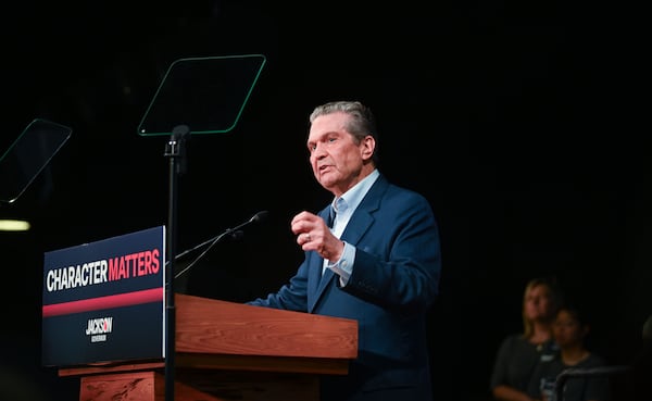 Republican nominee for governor Rick Jackson speaks during a rally in August in Buford. (Natrice Miller for The AJC)