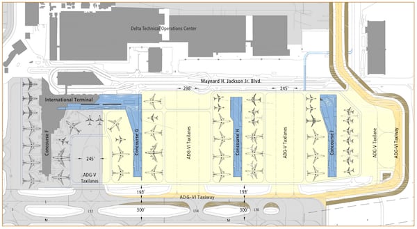 Hartsfield-Jackson Atlanta International Airport's 2015 master plan, which looks ahead to 2030, proposes the need for new concourses if passenger volumes continue to grow. Today's airport officials are re-evaluating that master planning process, looking ahead to 160 million annual passengers. (Courtesy of Hartsfield-Jackson)