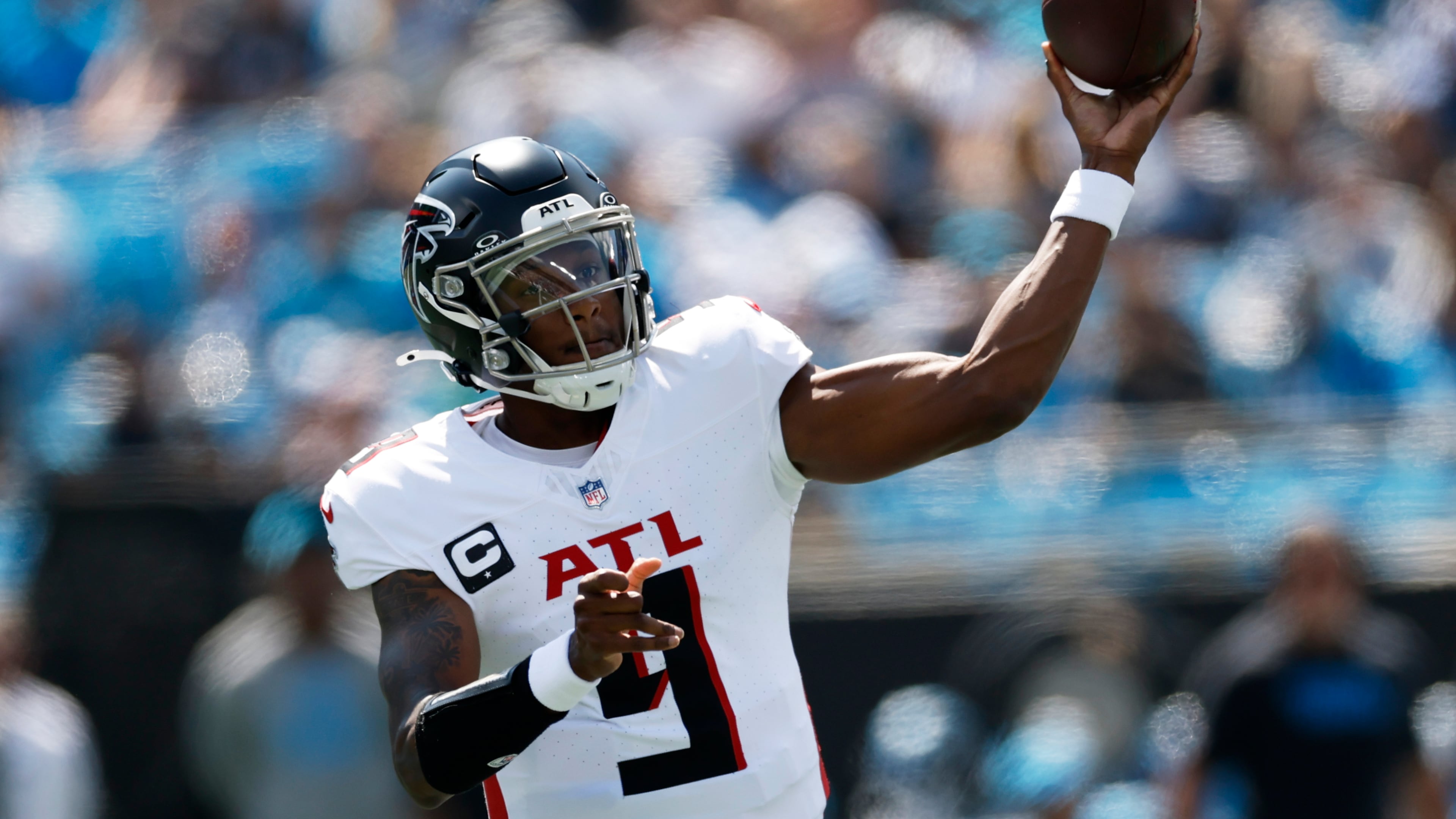 Atlanta Falcons quarterback Michael Penix Jr. passes against the Carolina Panthers during the first half of an NFL football game, Sunday, Sept. 21, 2025, in Charlotte, N.C. (AP Photo/Rusty Jones)