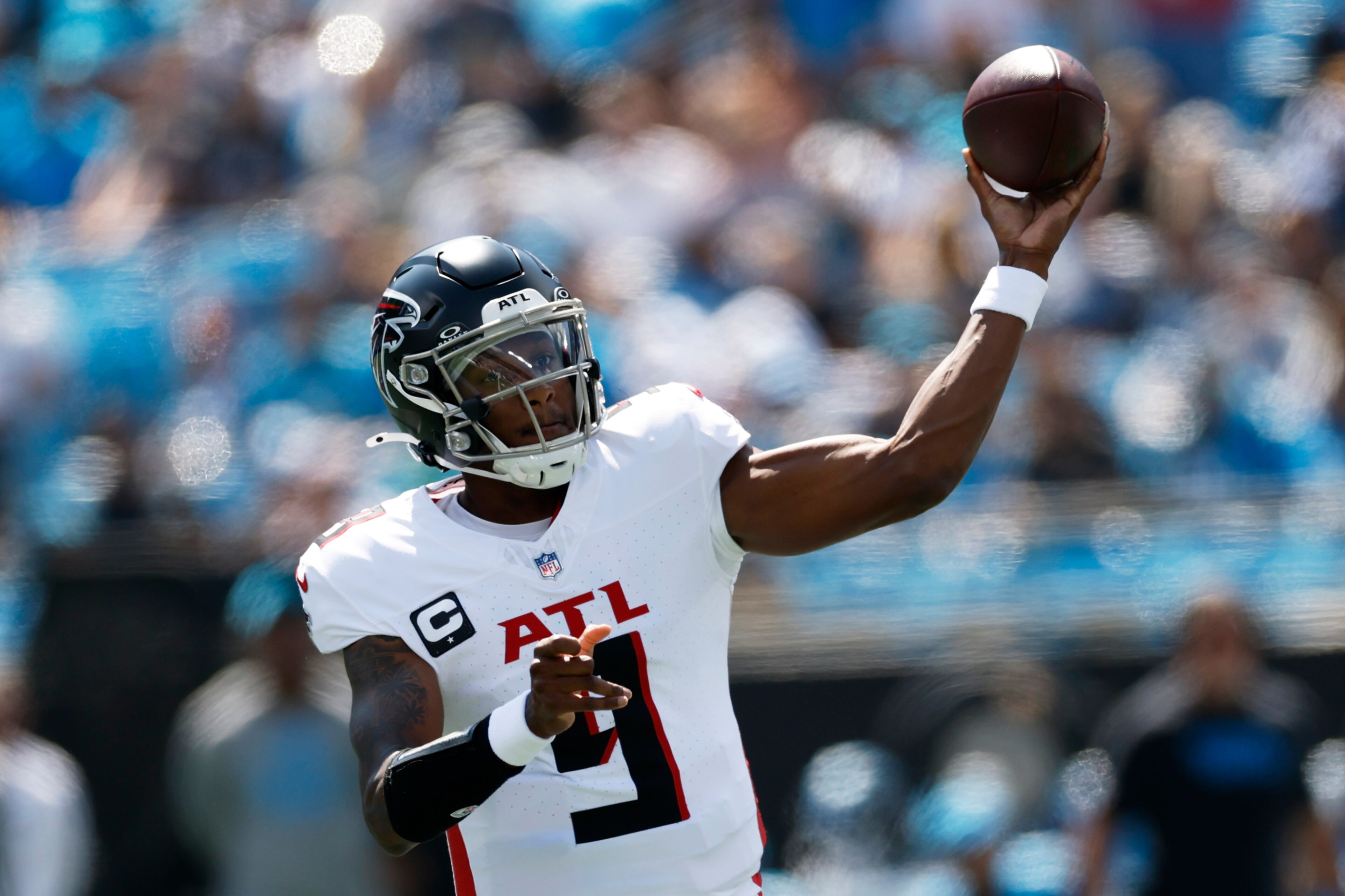 Atlanta Falcons quarterback Michael Penix Jr. passes against the Carolina Panthers during the first half of an NFL football game, Sunday, Sept. 21, 2025, in Charlotte, N.C. (Rusty Jones/AP)