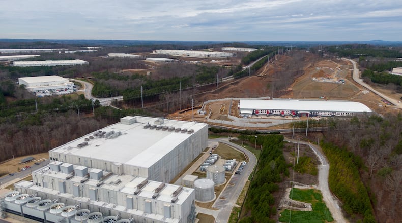 Aerial photo of new expansion of Douglas County Google Data Center (foreground) and construction site of the new data center Switch (background) in Lithia Springs on Friday, January 17, 2020. (Hyosub Shin / Hyosub.Shin@ajc.com)