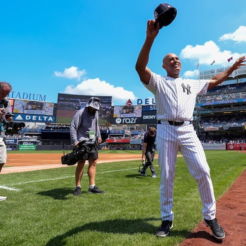 Former New York Yankees Mariano Rivera is introduced during the Yankees Old-Timers' Day ceremony before a baseball game between the New York Yankees and the Atlanta Braves, Saturday, Aug. 8, 2026, in New York. (AP Photo/Yuki Iwamura)