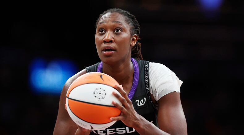 Connecticut Sun's Tina Charles plays against the Indiana Fever during the second half of a WNBA basketball game, July 15, 2025, in Boston. (AP Photo/Michael Dwyer, File)