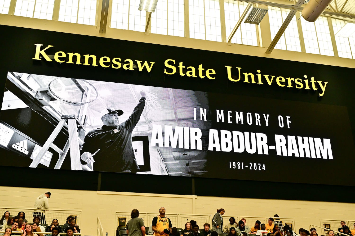 The memory of former KSU basketball coach, Amir Abdur-Rahim, was honored at halftime of a game Sunday, Nov. 16, 2025. Abdur-Rahim passed away unexpectedly just over a year ago before the start of the 2024-25 season. (Daniel Varnado for the AJC)