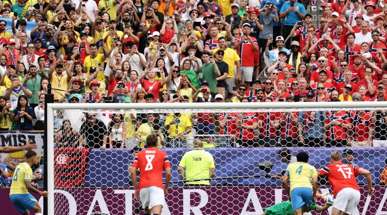 Brazil's Bruno Guimaraes (8) fails to score a penalty kick during the World Cup round of 16 soccer match between Brazil and Norway in East Rutherford, N.J., near New York, Sunday, July 5, 2026. (AP Photo/Adam Hunger)