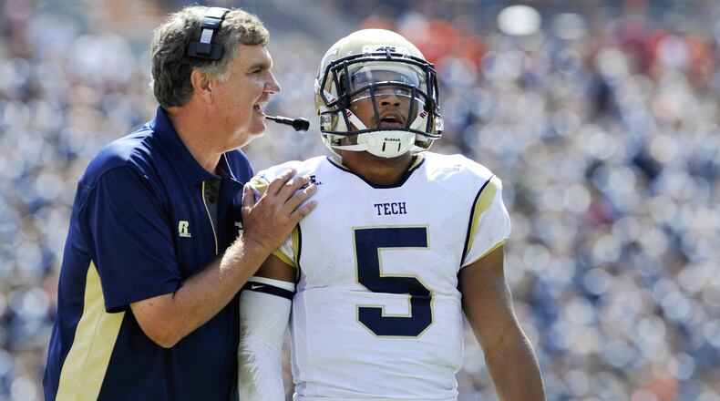 BLACKSBURG, VA - SEPTEMBER 20: Head coach Paul Johnson gives instruction to quarterback Justin Thomas #5 of the Georgia Tech Yellow Jackets in the first half against Virginia Tech at Lane Stadium on September 20, 2014 in Blacksburg, Virginia. Georgia Tech defeated Virginia Tech 27-24. (Photo by Michael Shroyer/Getty Images) Paul Johnson and Justin Thomas can take control in the ACC Coastal Division.(Michael Shroyer/Getty Images)