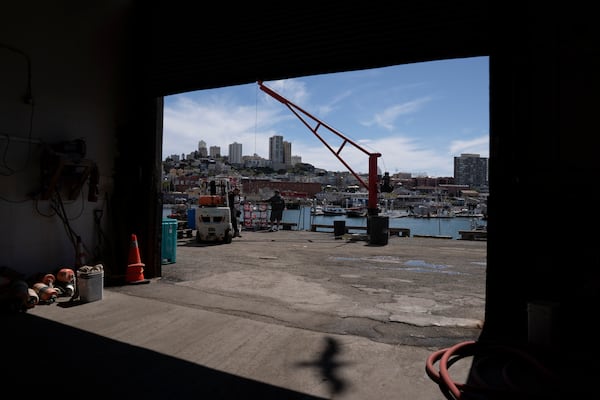A bird's shadow is cast on the ground of a storage area as Brand Little, background, loads crab traps onto his boat Pale Horse at Pier 45 in San Francisco, Thursday, April 10, 2025. Little is part of a pilot program trying out pop-up gear that prevents whale entanglements. (AP Photo/Emily Steinberger)