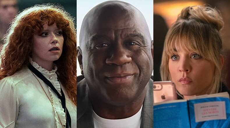The second seasons of "Russian Doll" on Netflix (left) and "The Flight Attendant" on HBO Max (right) are coming out, as is an Apple TV+ documentary about Magic Johnson. PUBLICITY PHOTOS