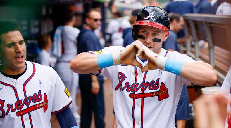 Atlanta Braves outfielder Jarred Kelenic (24) reacts at the dugout after hitting a solo home run during the first inning against the Tampa Bay Rays at Truist Park on Sunday, June 16, 2024, in Atlanta.
(Miguel Martinez/ AJC)