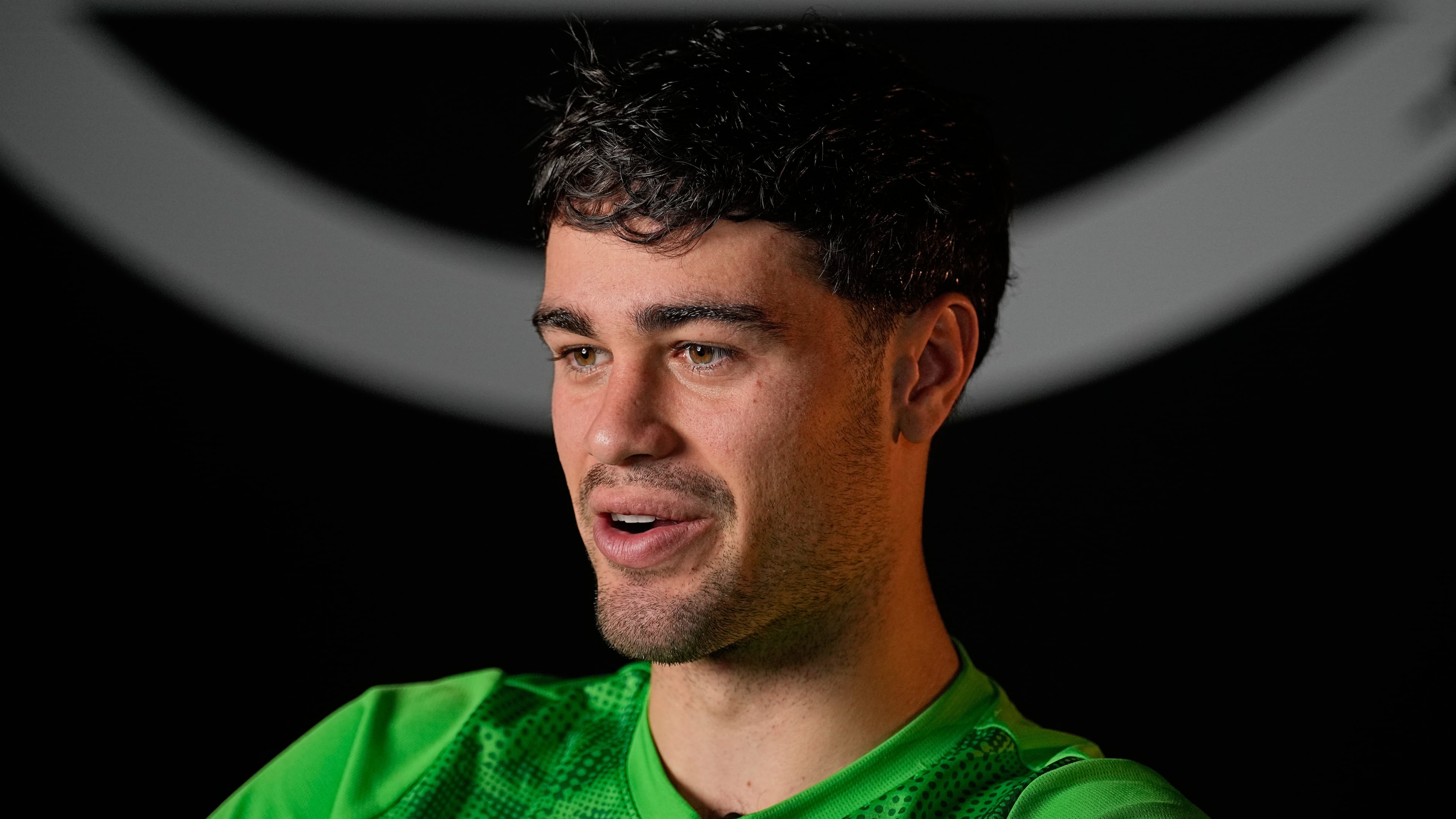 American soccer player Gio Reyna talks during an interview with The Associated Press at the stadium of his Bundesliga club Borussia Moenchengladbach in Moenchengladbach, Germany, Tuesday, Oct. 21, 2025. (AP Photo/Martin Meissner)