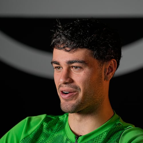 American soccer player Gio Reyna talks during an interview with The Associated Press at the stadium of his Bundesliga club Borussia Moenchengladbach in Moenchengladbach, Germany, Tuesday, Oct. 21, 2025. (AP Photo/Martin Meissner)