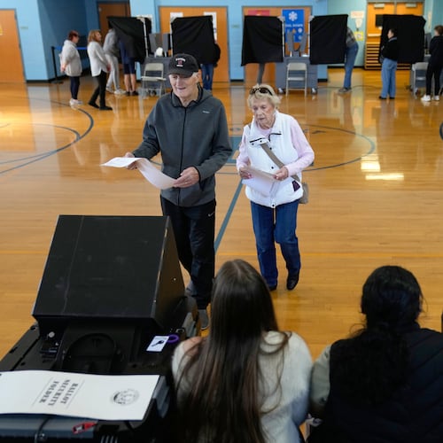 FILE - People vote at a polling site in River Edge, N.J., Nov. 4, 2025. (AP Photo/Seth Wenig, File)