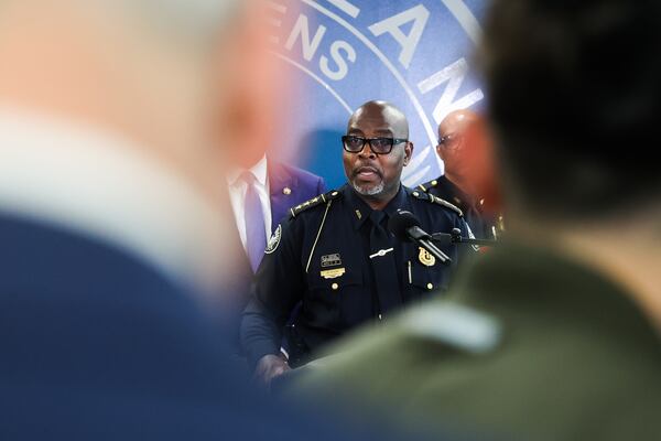 Assistant Chief Carven Tyus speaks during a press conference at the Atlanta Police Department Public Safety Headquarters in Atlanta on Monday, April 6, 2026. The press conference was held to discuss the violence that took place over the weekend during the 404 Day celebration in Piedmont Park. (Abbey Cutrer/AJC)