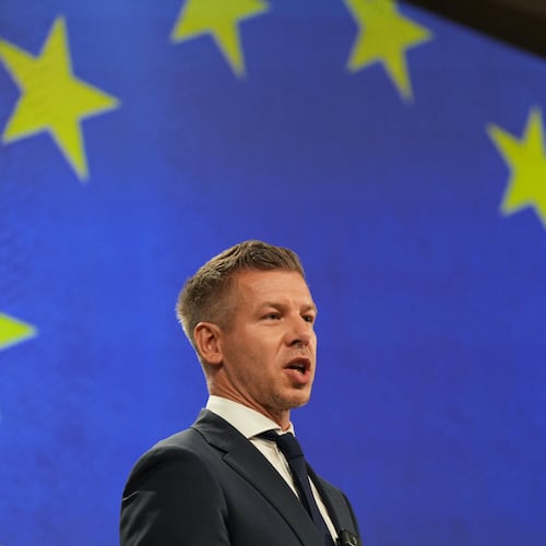 Hungary's Prime Minister Peter Magyar addresses the media at EU headquarters in Brussels, Friday, May 29, 2026. (AP Photo/Virginia Mayo)
