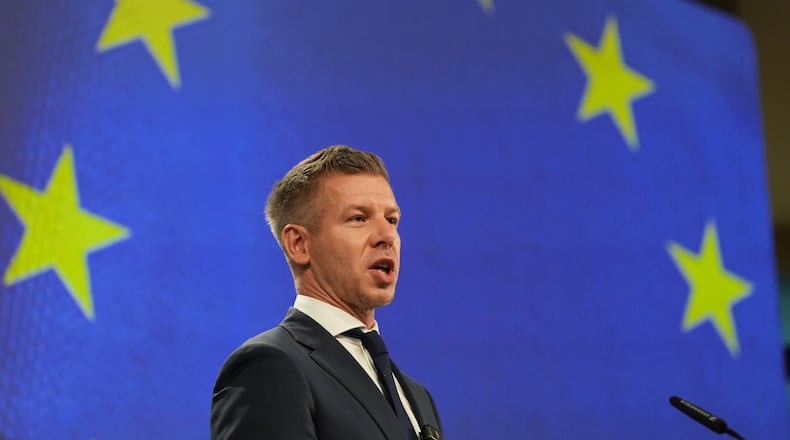 Hungary's Prime Minister Peter Magyar addresses the media at EU headquarters in Brussels, Friday, May 29, 2026. (AP Photo/Virginia Mayo)