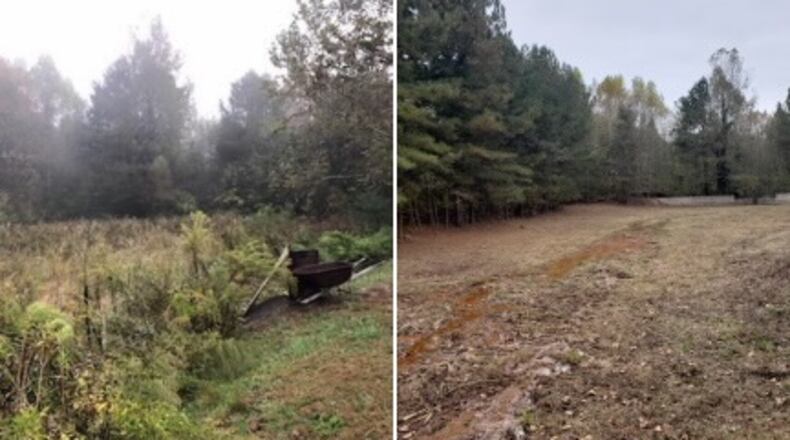 On the left, an overgrown stormwater drainage pond. On the right, the same location after maintenance is complete. COURTESY OF DEKALB COUNTY