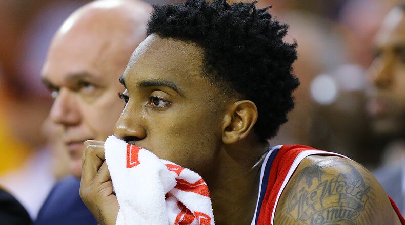 Hawks starter Jeff Teague watches the entire final period from the bench falling 118-88 to the Cavaliers for the sweep in game four of the Eastern Conference Finals on Tuesday, May 26, 2015, in Cleveland. Curtis Compton / ccompton@ajc.com