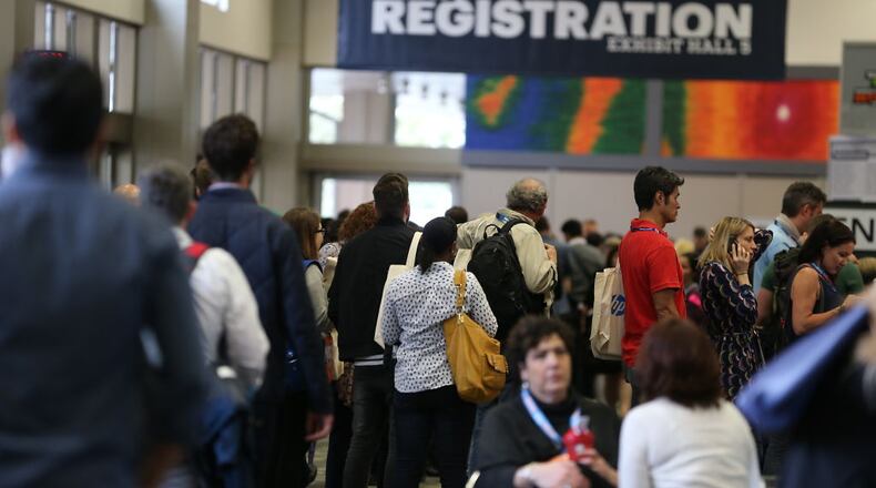Crowds arrive for registration and panels of the first day of the South by Southwest Interactive festival on Friday, March 11, 2016.