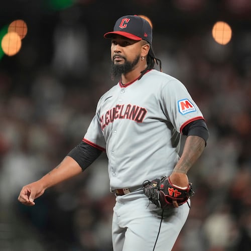 FILE - Cleveland Guardians pitcher Emmanuel Clase during a baseball game against the San Francisco Giants, in San Francisco, June 17, 2025. (AP Photo/Jeff Chiu, file)