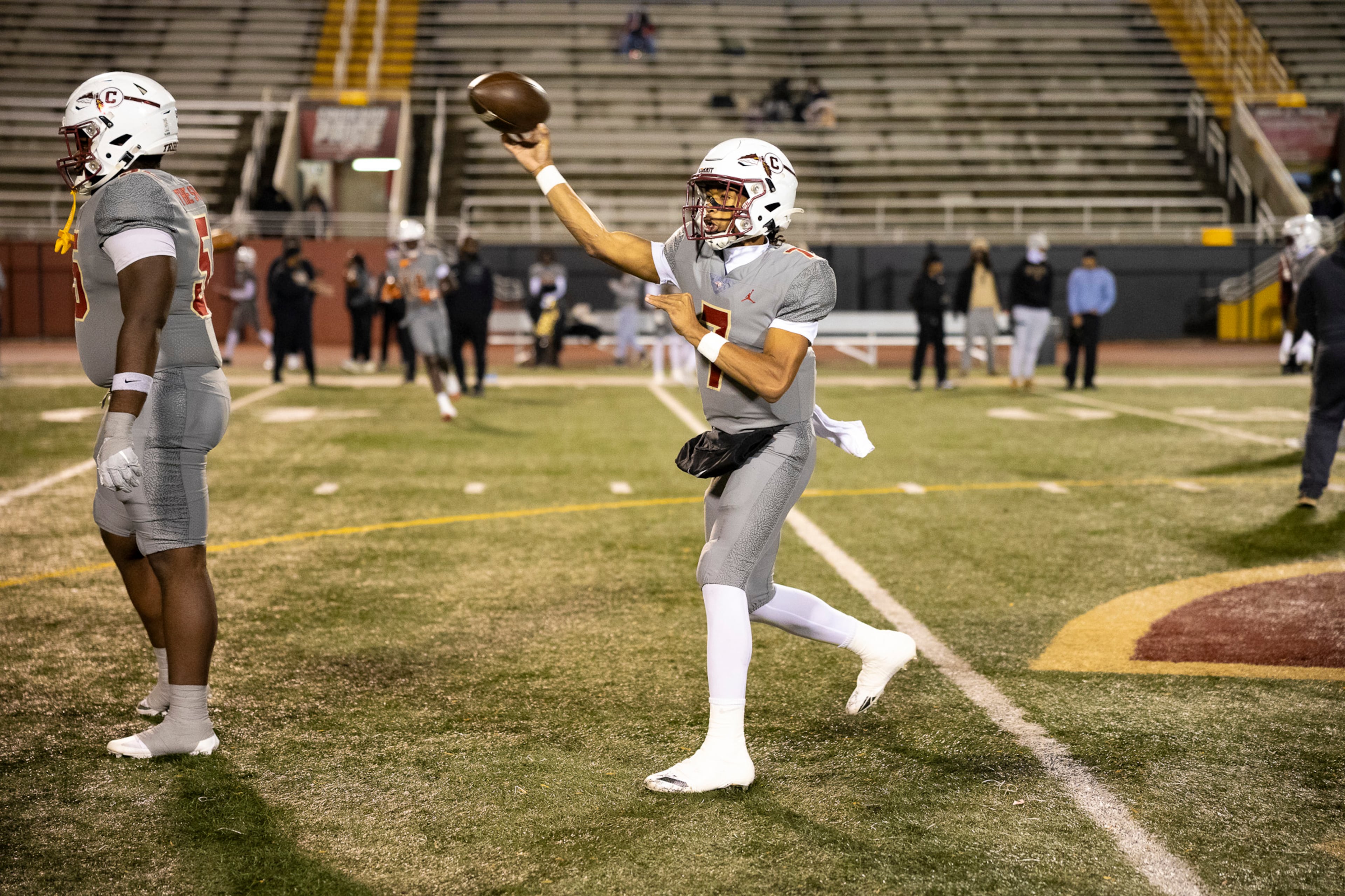 Creekside rquarterback Cayden Benson (7) makes a pass during the warmups of the class 4A semifinal against Kell at Creekside High School in Fairburn, GA on Friday, December 5, 2025. (Oscar Guevara Saenz for the AJC)