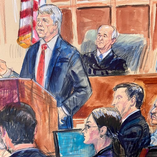 This courtroom sketch depicts Justice Department prosecutor John Gibbs speaking as defense attorneys Lauren Rosen, Geremy Kamens, from center middle seated, defendant Mohammad Sharifullah, and an interpreter, listen along with Judge Anthony John Trenga during the opening day of the trial for Sharifullah in federal court in Alexandria, Va., Monday, April 20, 2026. (Dana Verkouteren via AP)