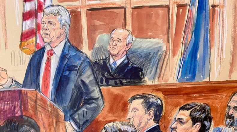 This courtroom sketch depicts Justice Department prosecutor John Gibbs speaking as defense attorneys Lauren Rosen, Geremy Kamens, from center middle seated, defendant Mohammad Sharifullah, and an interpreter, listen along with Judge Anthony John Trenga during the opening day of the trial for Sharifullah in federal court in Alexandria, Va., Monday, April 20, 2026. (Dana Verkouteren via AP)