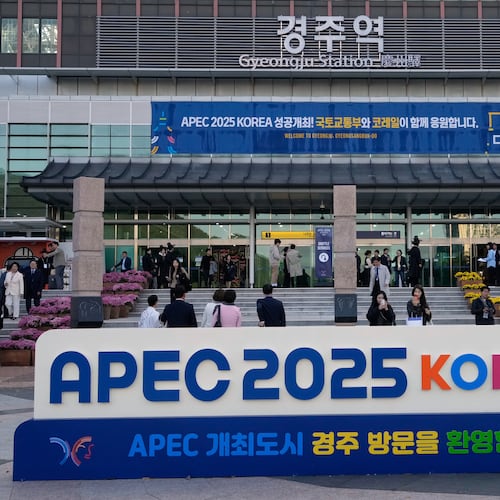 Banners for APEC 2025 Korea are displayed during the 2025 Asia-Pacific Economic Cooperation (APEC) Summit at Gyeongju station in Gyeongju, South Korea, Friday, Oct. 31, 2025. (AP Photo/Ahn Young-joon)