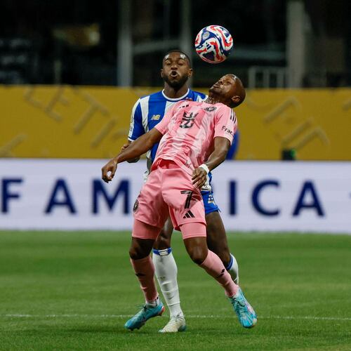 Then-Inter Miami midfielder Fafà Picault (front) fights for possession during the Club World Cup group A soccer match against Porto FC at Mercedes-Benz Stadium on Thursday, June 19, 2025, in Atlanta. Picault has scored 61 goals with 29 assists in 255 appearances across nine seasons in MLS. (Miguel Martinez/AJC 2025)