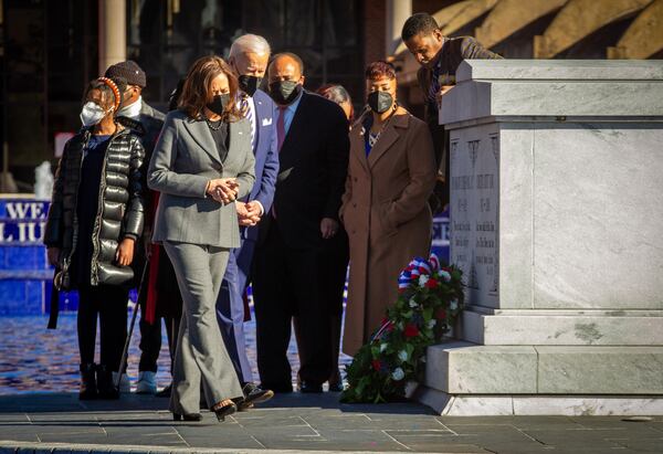  President Joe Biden and Vice President Kamala Harris visit the King Center to promote voting rights legislation Tuesday, January 11, 2021.   STEVE SCHAEFER FOR THE ATLANTA JOURNAL-CONSTITUTION
