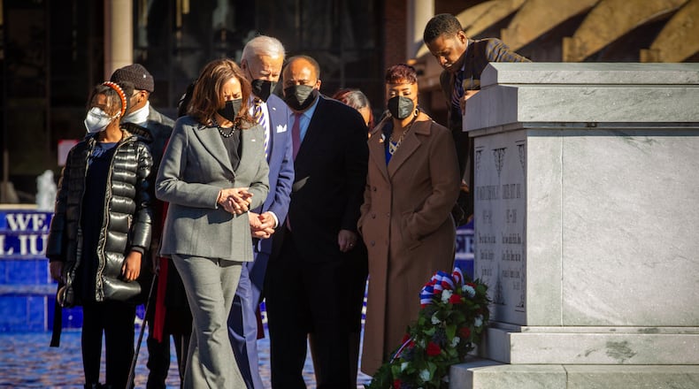 President Joe Biden and Vice President Kamala Harris visit the King Center to promote voting rights legislation Tuesday, January 11, 2021.   STEVE SCHAEFER FOR THE ATLANTA JOURNAL-CONSTITUTION