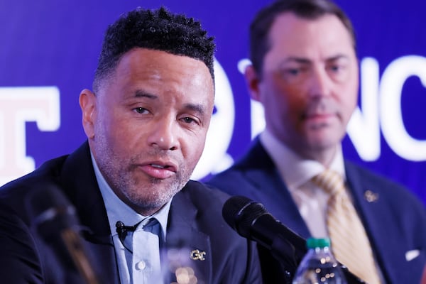 New Georgia Tech head basketball coach Damon Stoudamire addresses the media during his introductory news conference on Tuesday, March 14, 2023.
Miguel Martinez /miguel.martinezjimenez@ajc.com