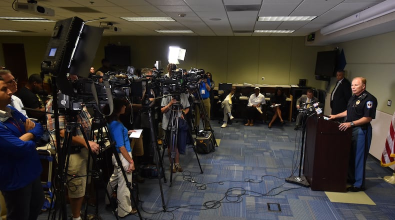 Cobb County Police Chief Mike Register speaks to members of the press during a press conference at Emergency Operations Center in Marietta on Thursday, August 31, 2017. HYOSUB SHIN / HSHIN@AJC.COM