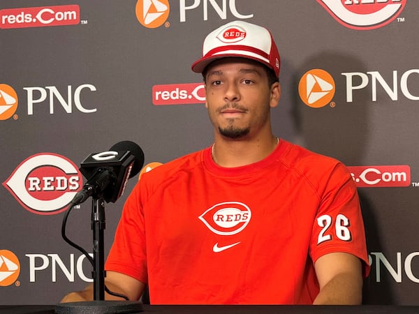 Cincinnati Reds pitcher Chase Burns speaks to the media at Great American Ball Park before a game against the New York Yankees, Monday, June 23, 2025, in Cincinnati, Ohio. (AP Photo/Joe Reedy)