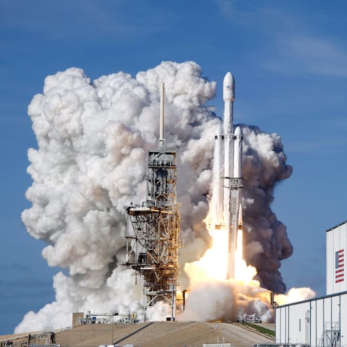 FILE - A Falcon 9 SpaceX heavy rocket lifts off from pad 39A at the Kennedy Space Center in Cape Canaveral, Fla., Tuesday, Feb. 6, 2018. (AP Photo/John Raoux, File)